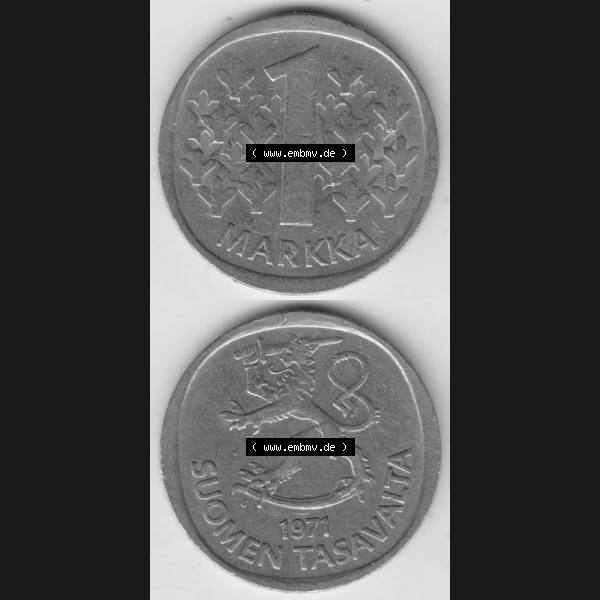 Grau bzw. s/w Münzen Finnland Umlaufmünze 1969-1993, 1 Markka 1971. Vorderseite und Rückseite vertikal auf einen digitalen Bild der alten finnischen Umlaufmünze aus Finnland SUOMI zum... Sammlung Graustufen