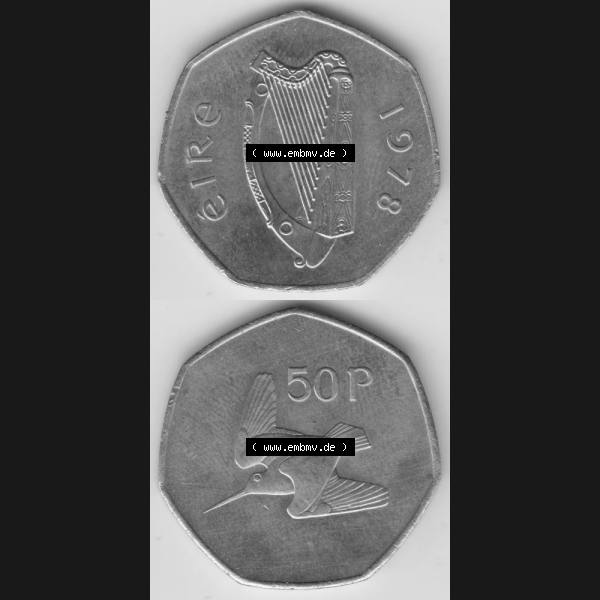 Grau bzw. s/w Münzen Irland Umlaufmünze 1970-2000, 50 Pence 1978. Vorderseite und Rückseite vertikal untereinander auf einen digitalen Bild der alten irischen Umlaufmünze aus Irland... Sammlung Graustufen