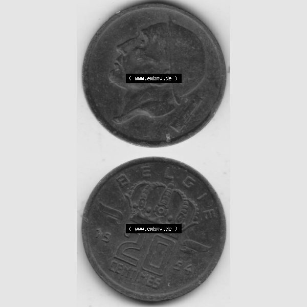 Grau bzw. s/w Münzen Belgien Umlaufmünze 1954, 1960, 20 Centimes Belgie. Vorderseite und Rückseite vertikal auf einen digitalen Bild der alten belgischen Francs Umlaufmünze aus... Sammlung Graustufen