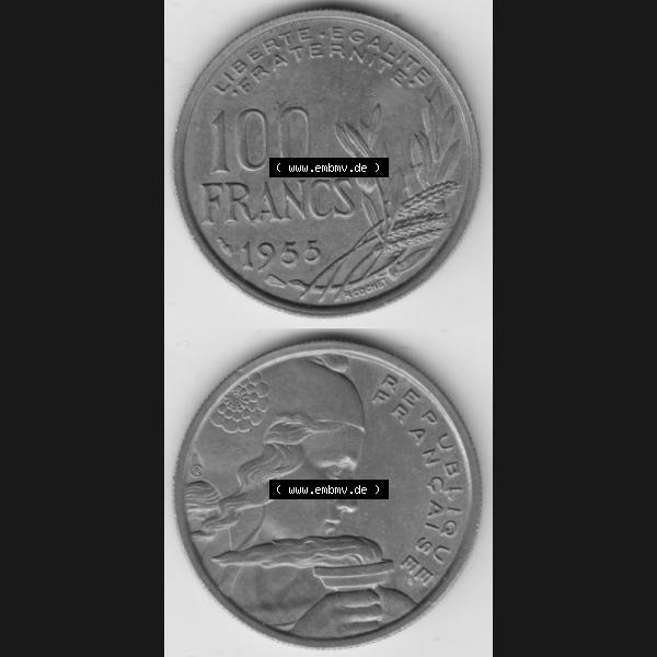 Grau bzw. s/w Münze Frankreich 1954-1958, 100 Francs, Franken Typ II 1955. Vorderseite und Rückseite vertikal auf einen digitalen Bild der alten französischen Umlaufmünze aus Frankreich... Sammlung Graustufen