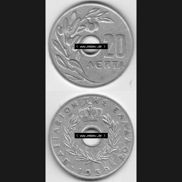 Grau bzw. s/w Münzen Griechenland Umlaufmünze 1959, 20 Aenta, Lepta. Vorderseite und Rückseite vertikal auf einen digitalen Bild der alten griechischen Umlaufmünze aus Griechenland... Sammlung Graustufen