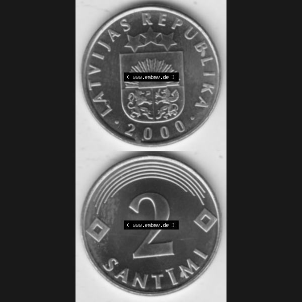 Grau bzw. s/w Münzen Lettland Umlaufmünze 1992-2009, 2 Santimi 2000, Münzseiten Vertikal für Mobile-Geräte als Bildmaterial Sammlung Graustufen