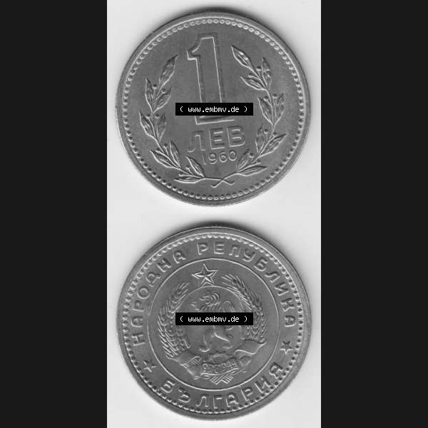 Grau bzw. s/w Münzen Bulgarien Umlaufmünze 1960, 1 NEB LEW. Vorderseite und Rückseite vertikal auf einen digitalen Bild der alten bulgarischen Umlaufmünze aus Bulgarien zum katalogisieren... Sammlung Graustufen