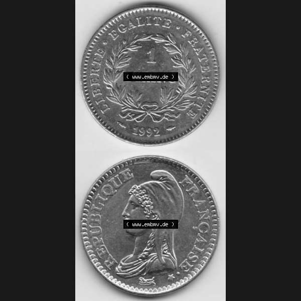 Grau bzw. s/w Münze Frankreich 1992-1992, 1 Francs Liberty Freiheitsgöttin. Vorderseite und Rückseite vertikal auf einen digitalen Bild der alten französischen Umlaufmünze aus Frankreich... Sammlung Graustufen
