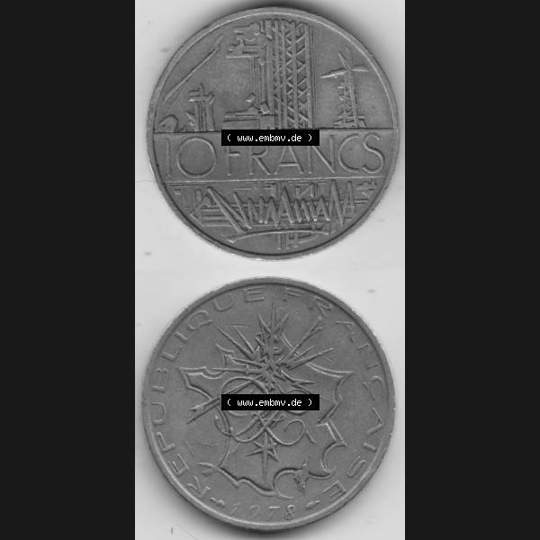 Grau bzw. s/w Münze Frankreich 1974-1987, 10 Franken-Francs 1978 II.. Vorderseite und Rückseite vertikal auf einen digitalen Bild der alten französischen Umlaufmünze aus Frankreich... Sammlung Graustufen