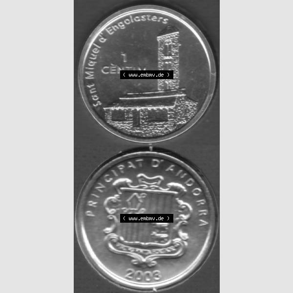 Grau bzw. s/w Münzen Andorra Sammlermünze aus KMS 2003, 1 Centim, Kirche Sant Miquel d’Engolasters. Vorderseite und Rückseite vertikal auf einen digitalen Bild der alten Diner... Sammlung Graustufen