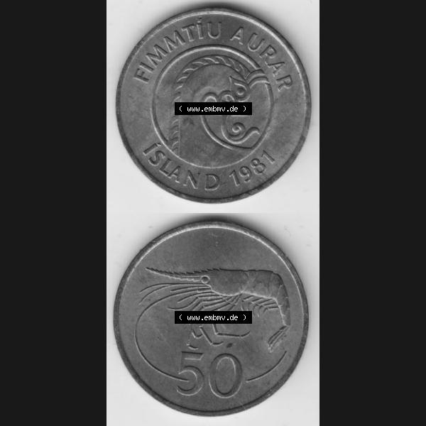 Grau bzw. s/w Münzen Island Umlaufmünze 1981-1981 50 Aurar 1981. Vorderseite und Rückseite vertikal untereinander auf einen digitalen Bild der alten Isländischen Umlaufmünze aus Island... Sammlung Graustufen