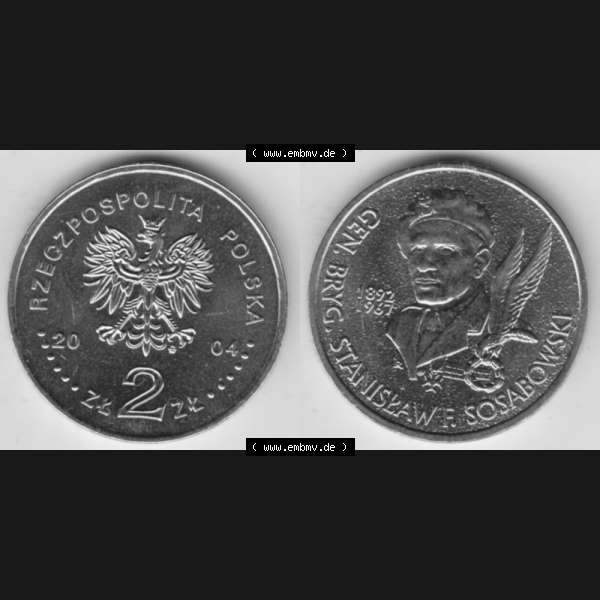 Grau bzw. s/w Münzen Polen Gedenkmünze 2004-2004, 2 Zloty, General Stanisław Sosabowski (1892-1967), Bild mit Vollansicht als Bildmaterial Sammlung Graustufen