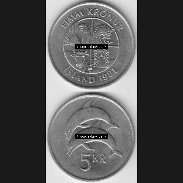 Grau bzw. s/w Münzen Island Umlaufmünze 1981-1992, 5 KR Kronur, Kronen 1981. Vorderseite und Rückseite vertikal untereinander auf einen digitalen Bild der alten Isländischen Umlaufmünze... Sammlung Graustufen