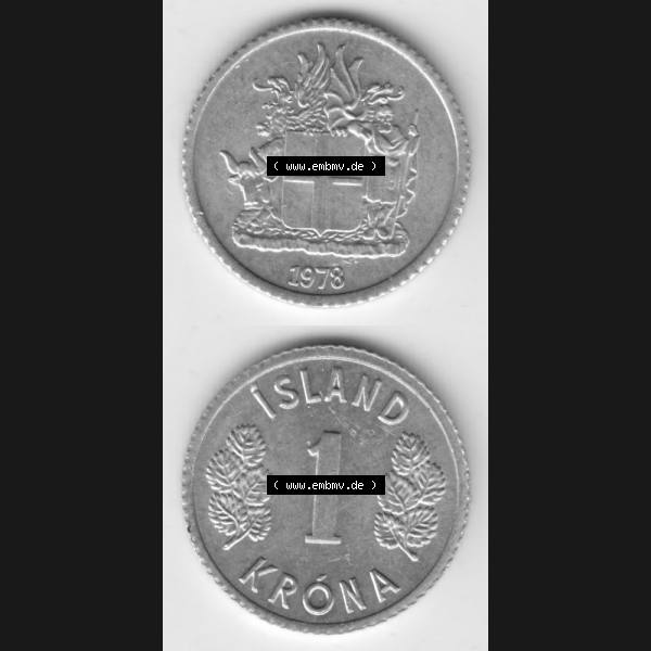 Grau bzw. s/w Münzen Island Umlaufmünze 1976-1980, 1 Krona, Krone 1978. Vorderseite und Rückseite vertikal untereinander auf einen digitalen Bild der alten Isländischen Umlaufmünze... Sammlung Graustufen