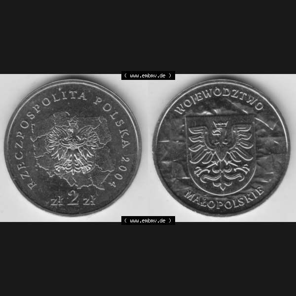 Grau bzw. s/w Münzen Polen Gedenkmünze 2004-2004, 2 Zloty, Woiwodschaft Kleinpolen, Bild mit Vollansicht als Bildmaterial Sammlung Graustufen