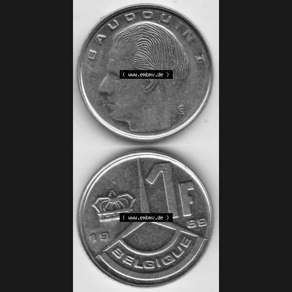 Grau bzw. s/w Münzen Belgien Umlaufmünze 1989-1993, 1 Franc Belgique. Vorderseite und Rückseite vertikal auf einen digitalen Bild der alten belgischen Francs Umlaufmünze aus Belgien... Sammlung Graustufen