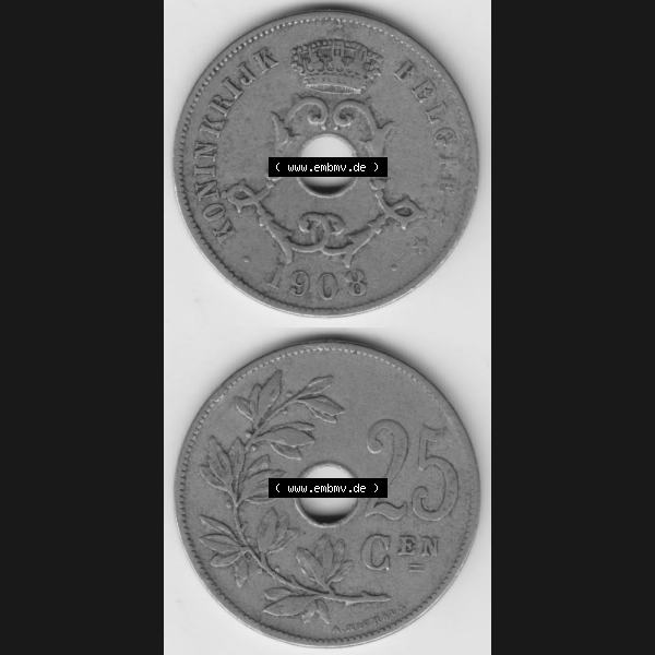Grau bzw. s/w Münzen Belgien Umlaufmünze 1908-1909, 25 Cen, Centimes Koninkrijk Belgie. Vorderseite und Rückseite vertikal auf einen digitalen Bild der alten belgischen Francs Umlaufmünze... Sammlung Graustufen