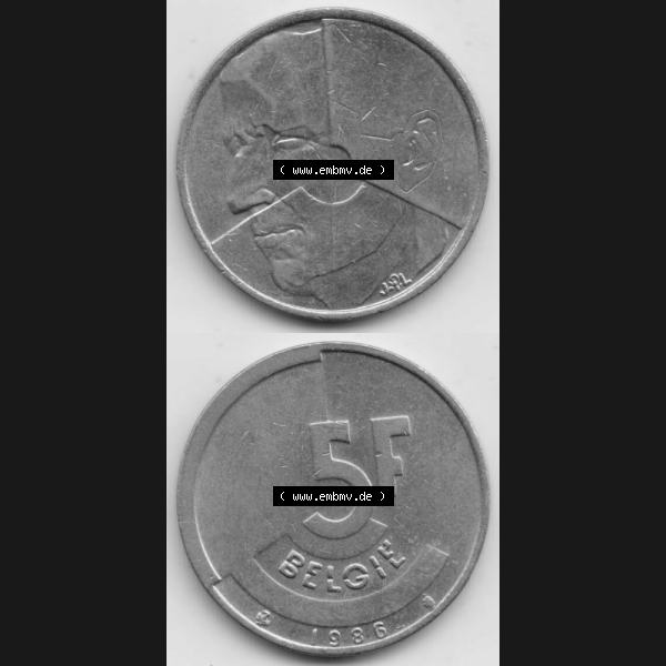 Grau bzw. s/w Münzen Belgien Umlaufmünze 1986-1993, 5 Francs Belgie. Vorderseite und Rückseite vertikal auf einen digitalen Bild der alten belgischen Francs Umlaufmünze aus Belgien vor... Sammlung Graustufen