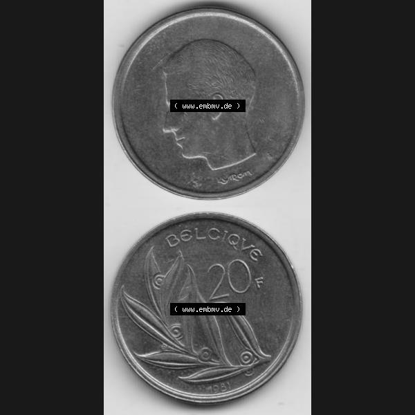 Grau bzw. s/w Münzen Belgien Umlaufmünze 1980-1993, 20 Francs Belgiqve. Vorderseite und Rückseite vertikal auf einen digitalen Bild der alten belgischen Francs Umlaufmünze aus Belgien... Sammlung Graustufen
