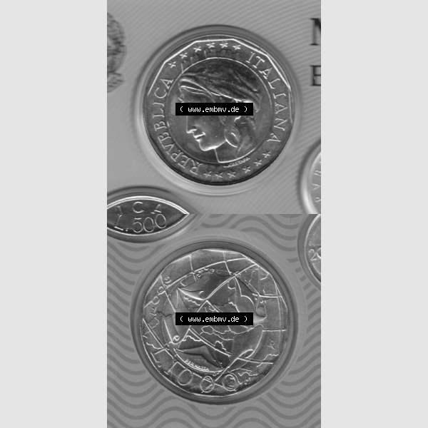 Grau bzw. s/w Münzen Italien Umlaufmünze 1997-2001, 1000 Lira-Lire Undedles Metall 2001. Vorderseite und Rückseite vertikal untereinander auf einen digitalen Bild der alten italienischen... Sammlung Graustufen