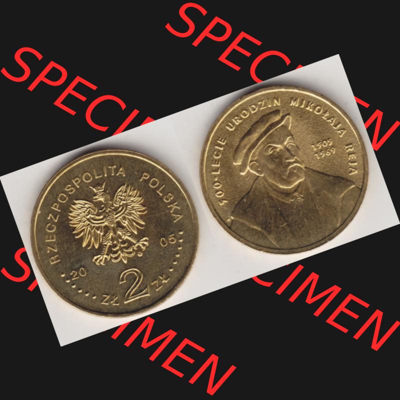 Münzen Polen Gedenkmünze 2005-2005, 2 Zloty, 500. Geburtstag von Mikołaj Rej, Bild mit Vollansicht als Bildmaterial Sammlung