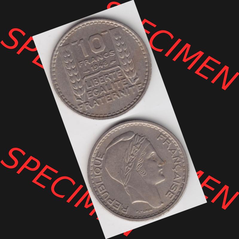 Münze Frankreich 1947-1949, 10 Francs, Franken 1948. Vorderseite und Rückseite vertikal auf einen digitalen Bild der alten französischen Umlaufmünze aus Frankreich... Sammlung