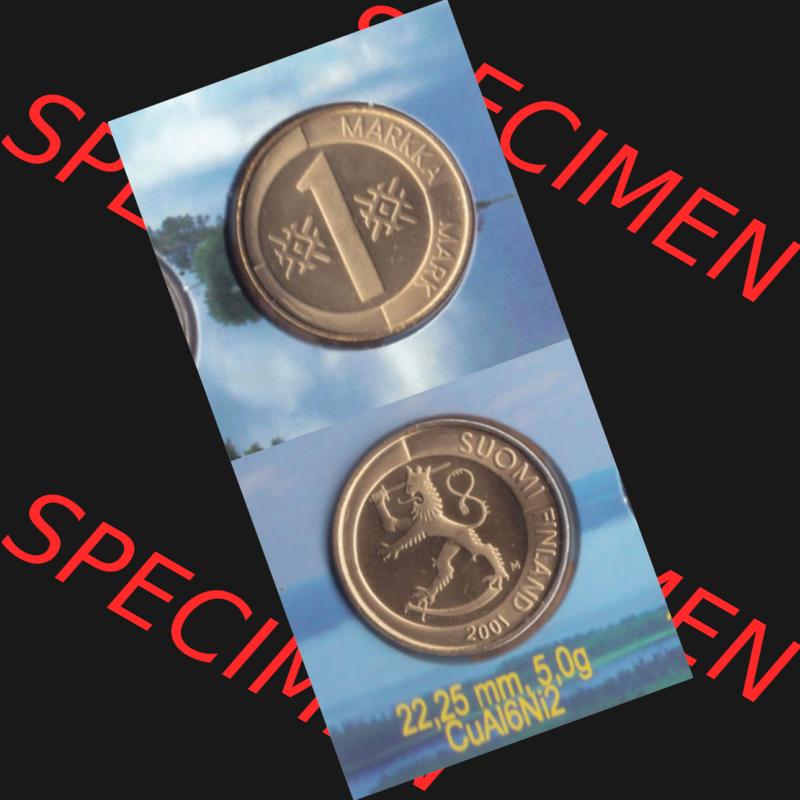 Münzen Finnland Umlaufmünze 2001, 1 Markka, Mark. Vorderseite und Rückseite vertikal auf einen digitalen Bild der alten finnischen Umlaufmünze aus Finnland SUOMI... Sammlung