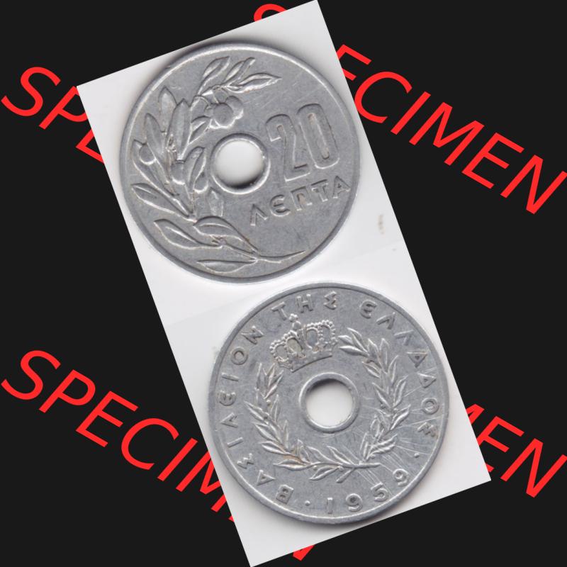 Münzen Griechenland Umlaufmünze 1959, 20 Aenta, Lepta. Vorderseite und Rückseite vertikal auf einen digitalen Bild der alten griechischen Umlaufmünze aus Griechenland... Sammlung