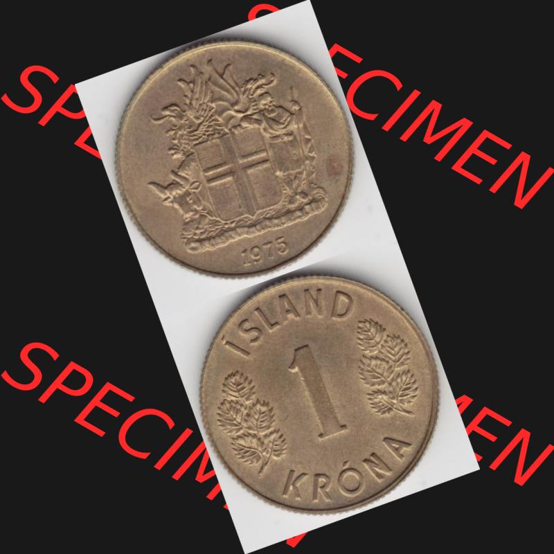 Münzen Island Umlaufmünze 1967-1975, 1 KR Krone 1975. Vorderseite und Rückseite vertikal untereinander auf einen digitalen Bild der alten Isländischen Umlaufmünze... Sammlung