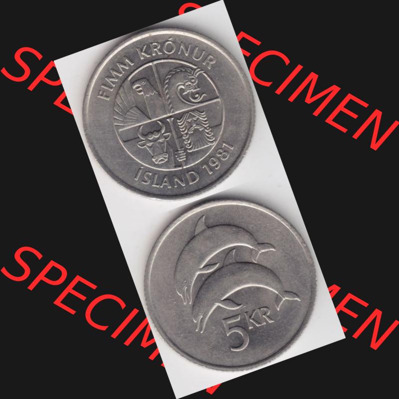 Münzen Island Umlaufmünze 1981-1992, 5 KR Kronur, Kronen 1981. Vorderseite und Rückseite vertikal untereinander auf einen digitalen Bild der alten Isländischen Umlaufmünze... Sammlung