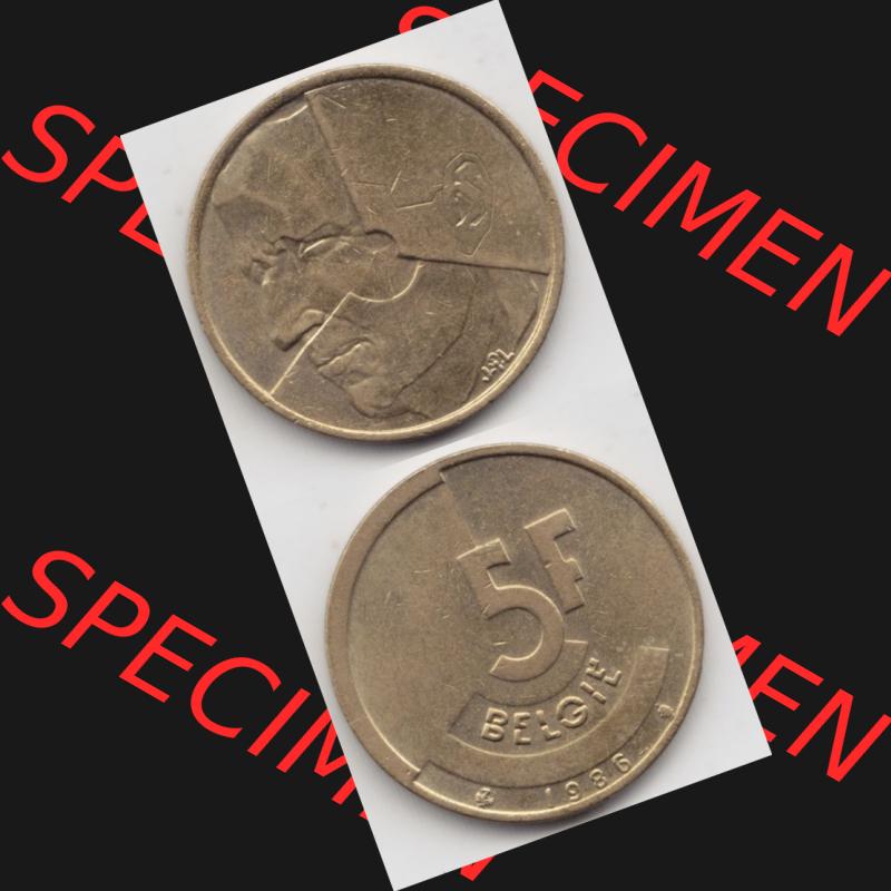 Münzen Belgien Umlaufmünze 1986-1993, 5 Francs Belgie. Vorderseite und Rückseite vertikal auf einen digitalen Bild der alten belgischen Francs Umlaufmünze aus Belgien vor... Sammlung