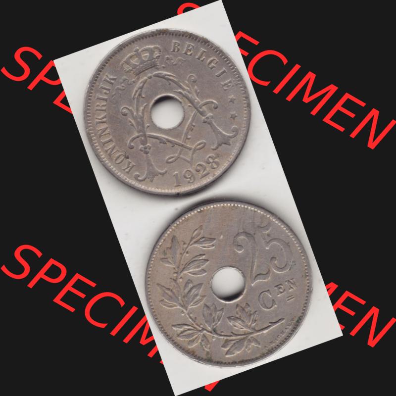 Münzen Belgien Umlaufmünze 1910-1929, 25 Cen, 1928 Centimes Koninkrijk Belgie. Vorderseite und Rückseite vertikal auf einen digitalen Bild der alten belgischen Francs... Sammlung