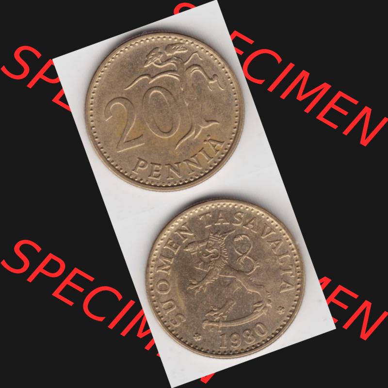 Münzen Finnland Umlaufmünze 1963-1990, 20 Penniä 1980. Vorderseite und Rückseite vertikal auf einen digitalen Bild der alten finnischen Umlaufmünze aus Finnland SUOMI... Sammlung