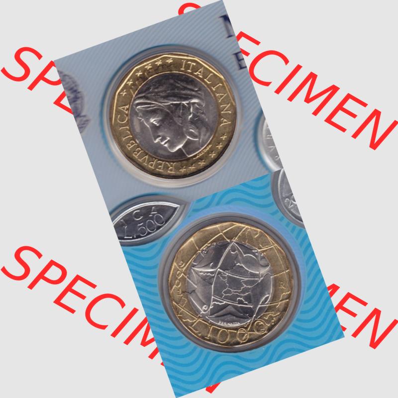 Münzen Italien Umlaufmünze 1997-2001, 1000 Lira-Lire Undedles Metall 2001. Vorderseite und Rückseite vertikal untereinander auf einen digitalen Bild der alten italienischen... Sammlung
