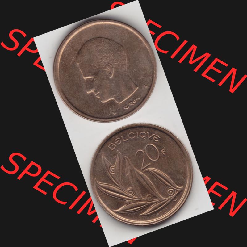 Münzen Belgien Umlaufmünze 1980-1993, 20 Francs Belgiqve. Vorderseite und Rückseite vertikal auf einen digitalen Bild der alten belgischen Francs Umlaufmünze aus Belgien... Sammlung