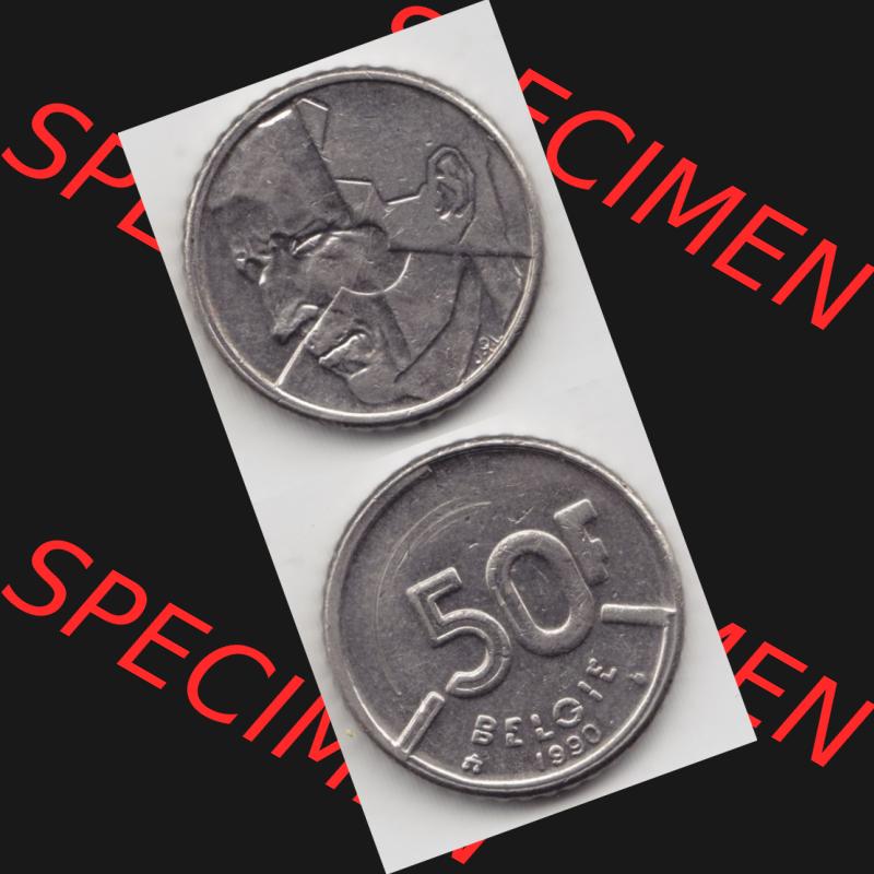 Münzen Belgien Umlaufmünze 1987-1993, 50 Francs Belgie. Vorderseite und Rückseite vertikal auf einen digitalen Bild der alten belgischen Francs Umlaufmünze aus Belgien... Sammlung