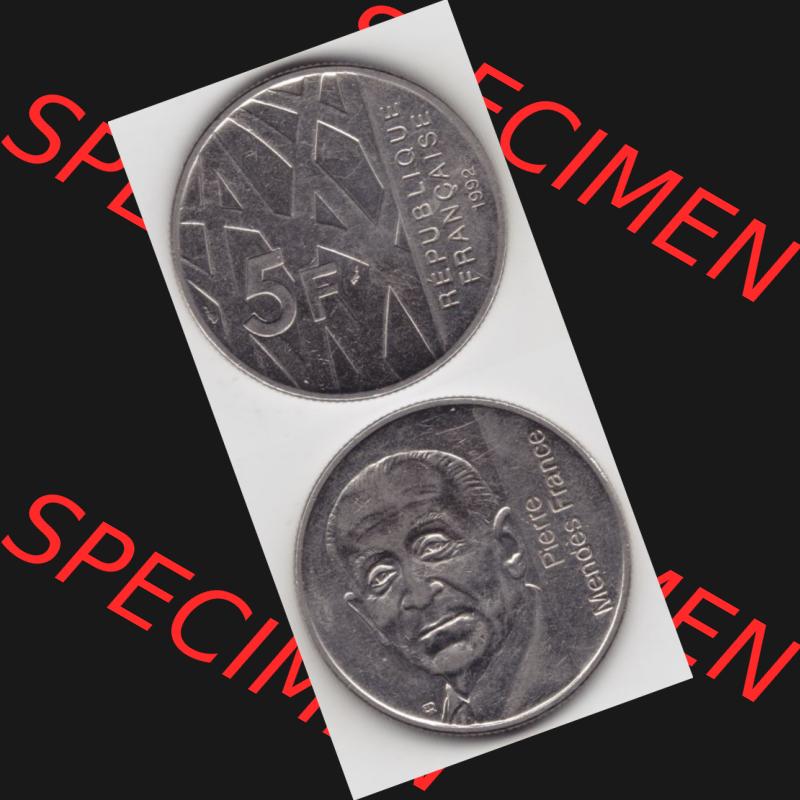 Münze Frankreich 1992-1992, 000500. 5 Francs Franken in Nickel. Vorderseite und Rückseite vertikal auf einen digitalen Bild der alten französischen Umlaufmünze aus... Sammlung