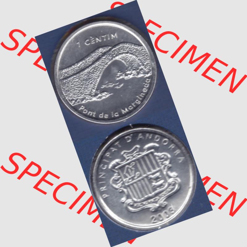 Münzen Andorra Sammlermünze aus KMS 2003, 1 Centime, Brücke von Margineda. Vorderseite und Rückseite vertikal auf einen digitalen Bild der alten Diner Umlaufmünze... Sammlung