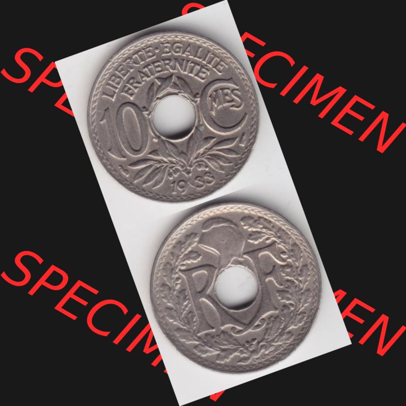 Münze Frankreich 1917-1938, 10 Centimes, Cent 1933. Vorderseite und Rückseite vertikal auf einen digitalen Bild der alten französischen Umlaufmünze 10 Cmes - Centimes... Sammlung