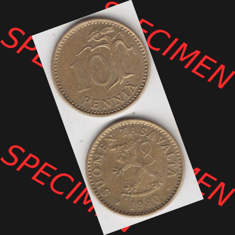 Münzen Finnland Umlaufmünze 1963-1982, 10 Penniä 1980. Vorderseite und Rückseite vertikal auf einen digitalen Bild der alten finnischen Umlaufmünze aus Finnland SUOMI... Sammlung