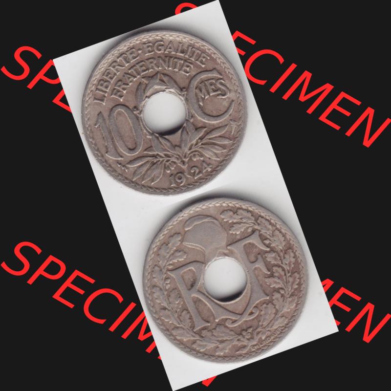 Münze Frankreich 1917-1938, 10 Centimes, Cent 1924. Vorderseite und Rückseite vertikal auf einen digitalen Bild der alten französischen Umlaufmünze 10 Cmes - Centimes... Sammlung