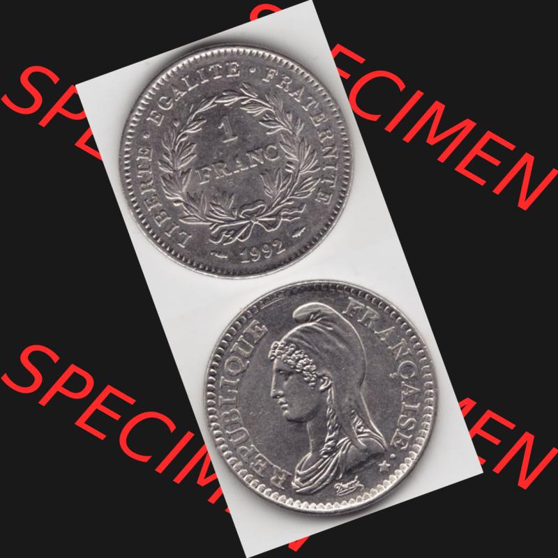 Münze Frankreich 1992-1992, 1 Francs Liberty Freiheitsgöttin. Vorderseite und Rückseite vertikal auf einen digitalen Bild der alten französischen Umlaufmünze aus Frankreich... Sammlung