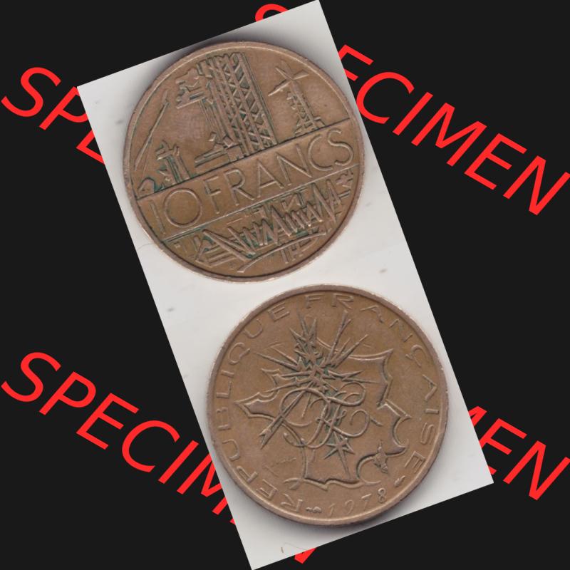 Münze Frankreich 1974-1987, 10 Franken-Francs 1978 II.. Vorderseite und Rückseite vertikal auf einen digitalen Bild der alten französischen Umlaufmünze aus Frankreich... Sammlung