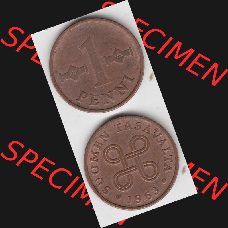 Münzen Finnland Umlaufmünze 1963-1969, 1 Penni 1963. Vorderseite und Rückseite vertikal auf einen digitalen Bild der alten finnischen Umlaufmünze aus Finnland SUOMI zum... Sammlung