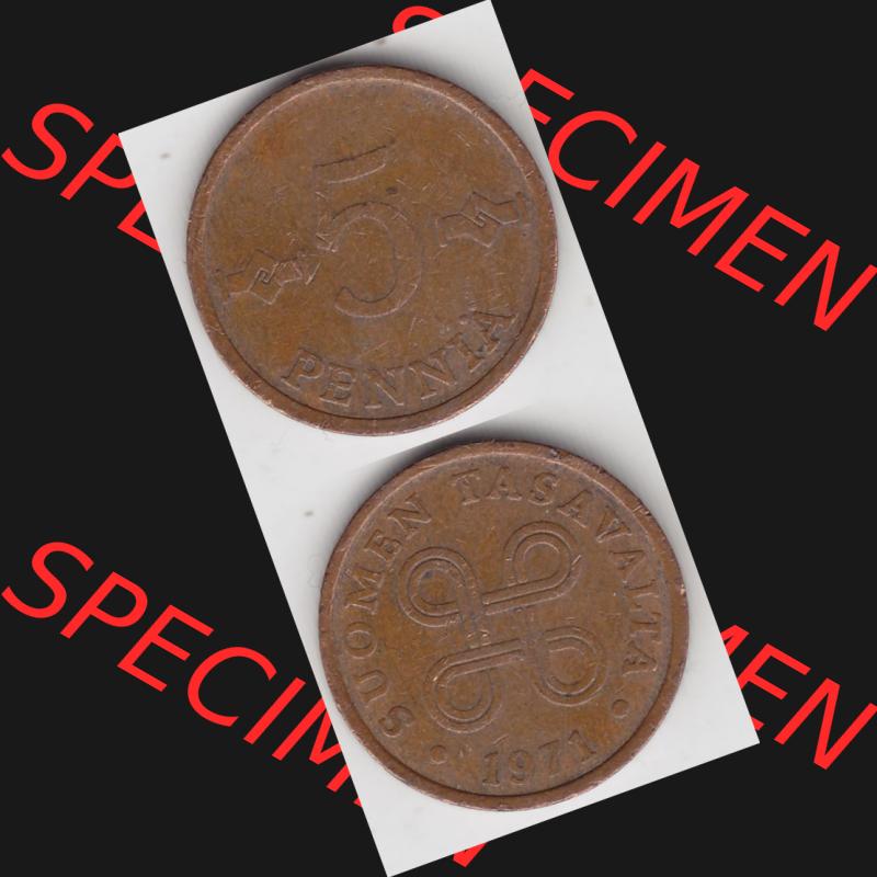 Münzen Finnland Umlaufmünze 1963-1977, 5 Penniä 1971. Vorderseite und Rückseite vertikal auf einen digitalen Bild der alten finnischen Umlaufmünze aus Finnland SUOMI... Sammlung