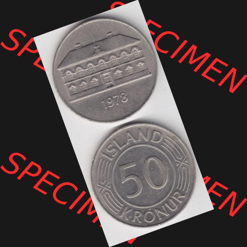 Münzen Island Umlaufmünze 1970-1980, 50 Kronur, Kronen 1978. Vorderseite und Rückseite vertikal untereinander auf einen digitalen Bild der alten Isländischen Umlaufmünze... Sammlung