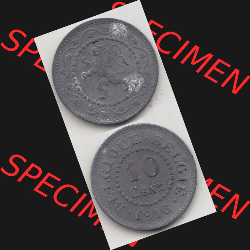 Münzen Belgien Umlaufmünze 1915-1917, 10 Centimes 1916 Belgique - Belgie. Vorderseite und Rückseite vertikal auf einen digitalen Bild der alten belgischen Francs Umlaufmünze... Sammlung