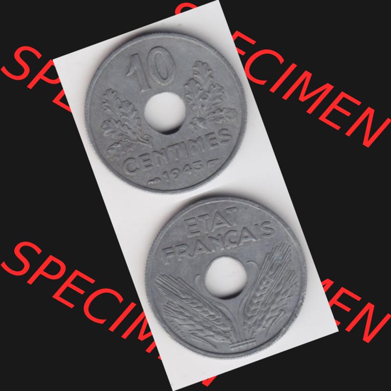 Münze Frankreich 1941-1943, 10 Centimes, Etat Francais 1943. Vorderseite und Rückseite vertikal auf einen digitalen Bild der alten französischen Umlaufmünze 10 Cmes... Sammlung