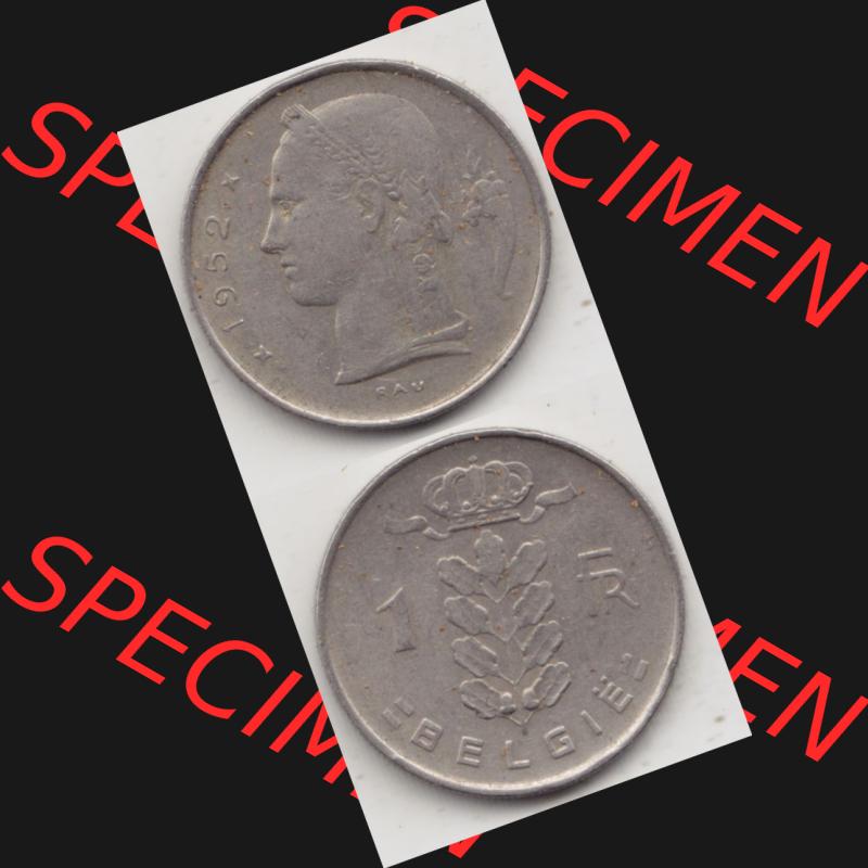 Münzen Belgien Umlaufmünze 1950-1988, 1 Francs-Franken 1952 Belgie. Vorderseite und Rückseite vertikal auf einen digitalen Bild der alten belgischen Francs Umlaufmünze... Sammlung