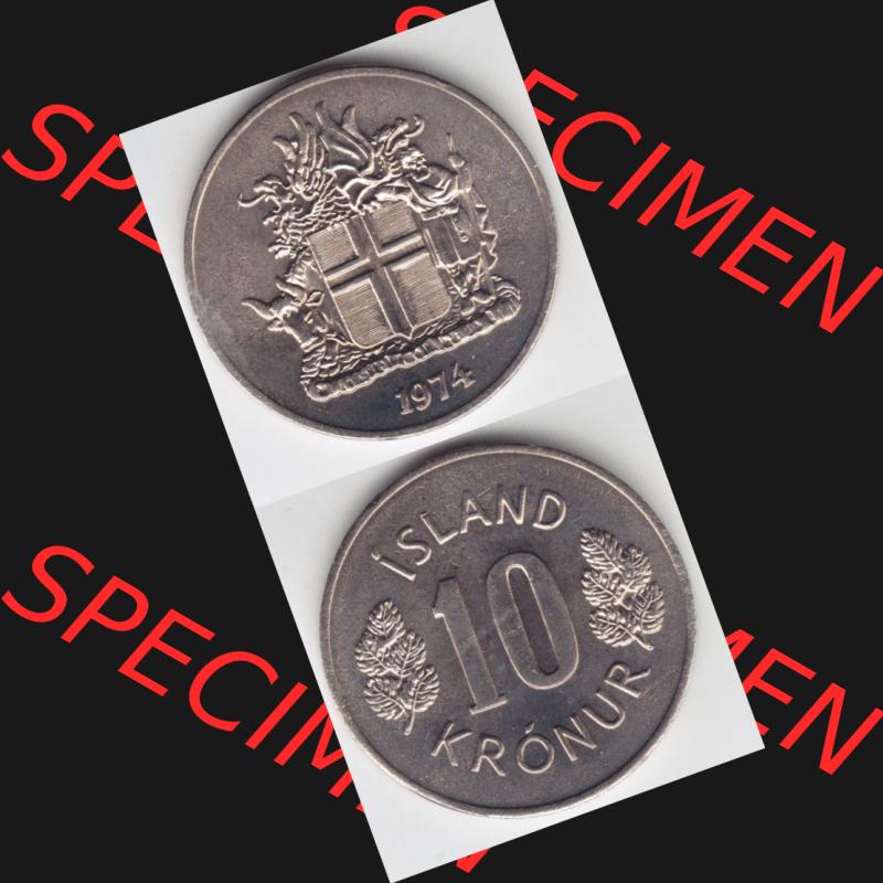 Münzen Island Umlaufmünze 1967-1980, 10 Kronur, Kronen 1974. Vorderseite und Rückseite vertikal untereinander auf einen digitalen Bild der alten Isländischen Umlaufmünze... Sammlung