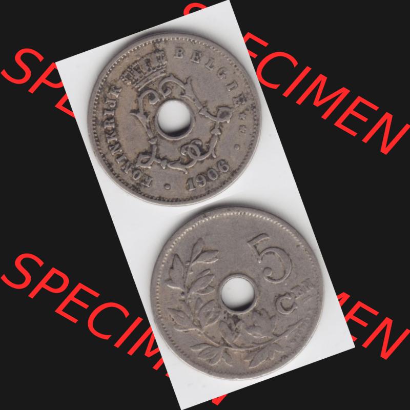 Münzen Belgien Umlaufmünze 1904-1907, 5 Cen, Centimes Koninkrijk Belgie. Vorderseite und Rückseite vertikal auf einen digitalen Bild der alten belgischen Francs Umlaufmünze... Sammlung