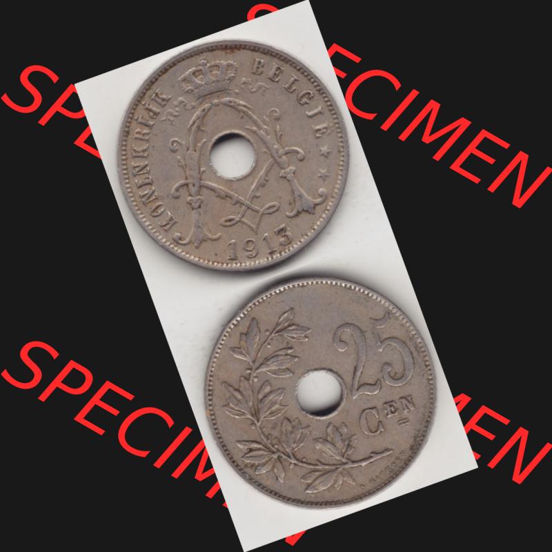 Münzen Belgien Umlaufmünze 1910-1929, 25 Cen, 1913 Centimes Koninkrijk Belgie. Vorderseite und Rückseite vertikal auf einen digitalen Bild der alten belgischen Francs... Sammlung