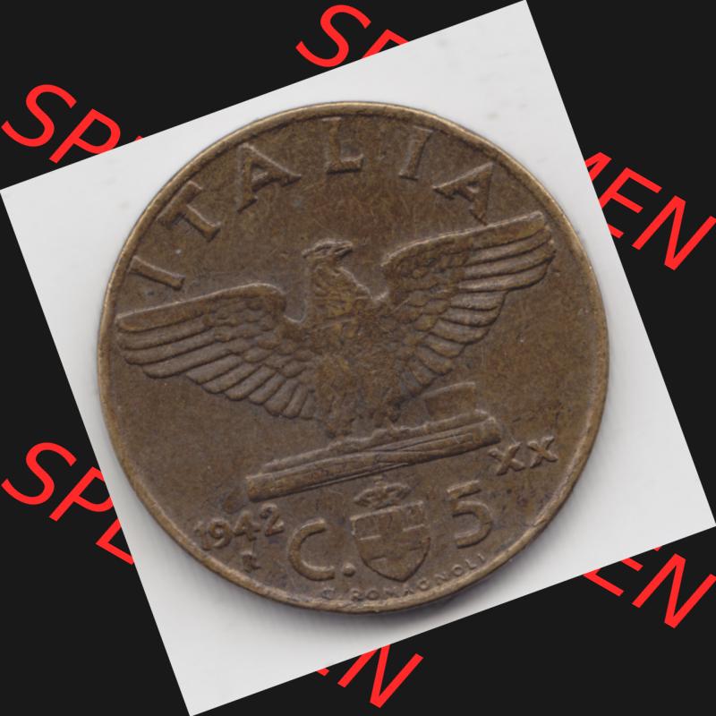 Münzen Italien Umlaufmünze 1939-1943, 5 Centesimi 1942. Vorderseite der alten italienischen Münze aus Italien in der italienischen Lira-Währung zum katalogisieren und verwalten... Sammlung