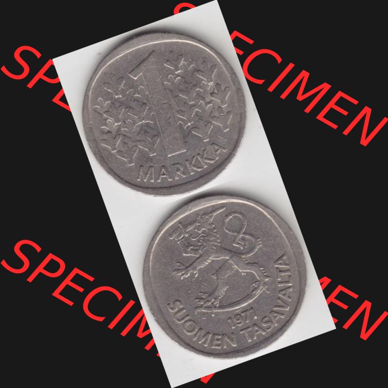 Münzen Finnland Umlaufmünze 1969-1993, 1 Markka 1971. Vorderseite und Rückseite vertikal auf einen digitalen Bild der alten finnischen Umlaufmünze aus Finnland SUOMI zum... Sammlung